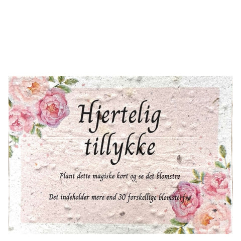 Blomsterkort med frø “Hjertelig Tillykke''
